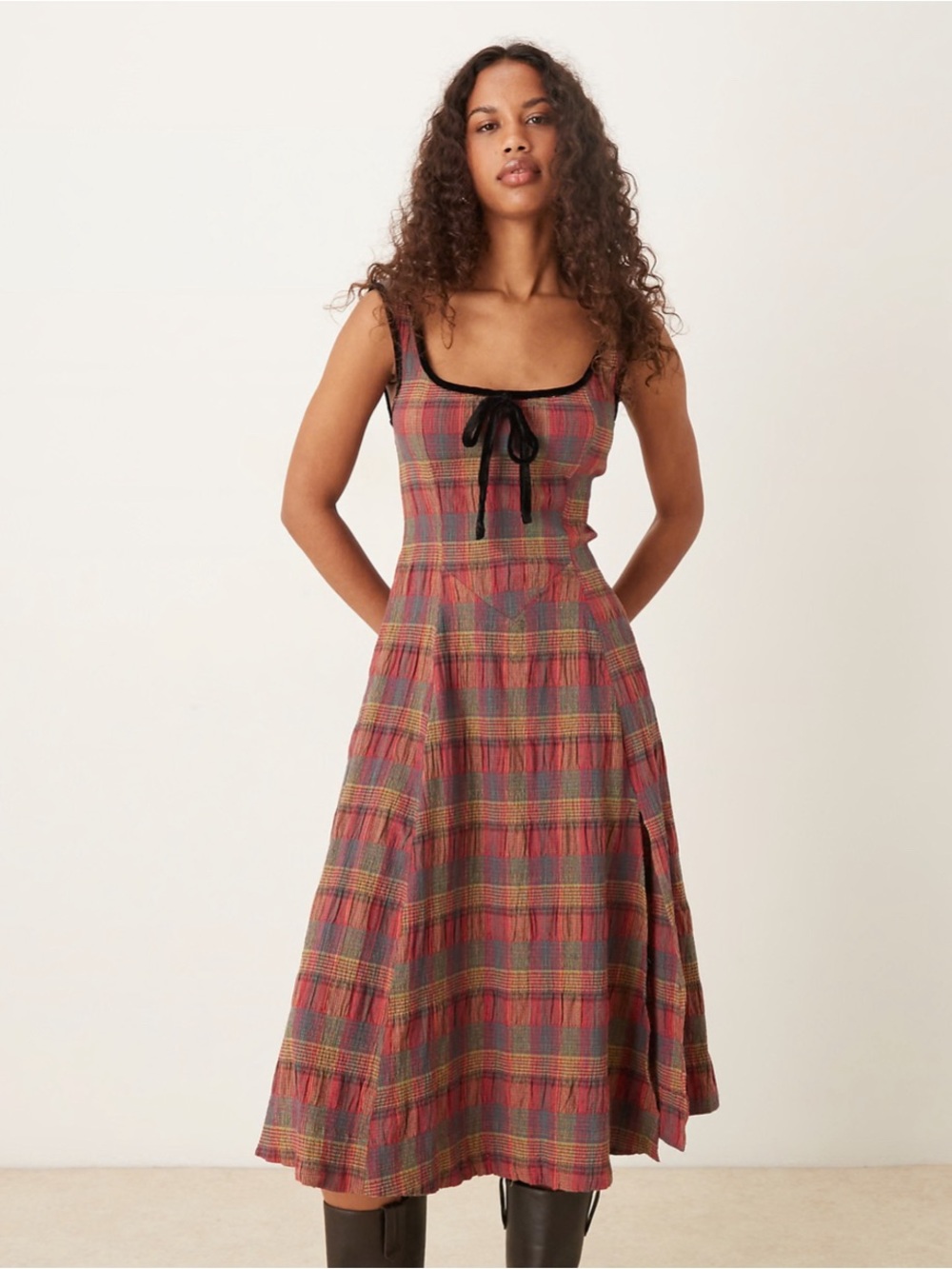 Free People Plaid Midi Dress in Red, Green & Yellow with Tie Front